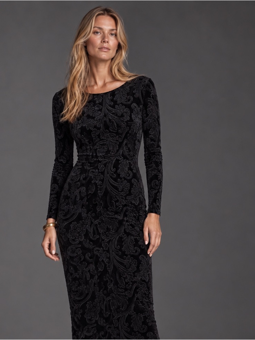 Black Paisley Velvet Bodycon Midi Dress Size Small